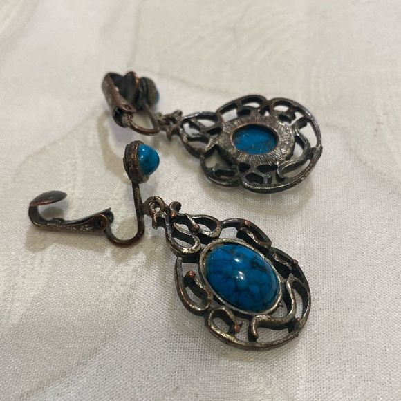 Vintage Silver And Faux Turquoise Dangling Earrings - Picture 2 of 14